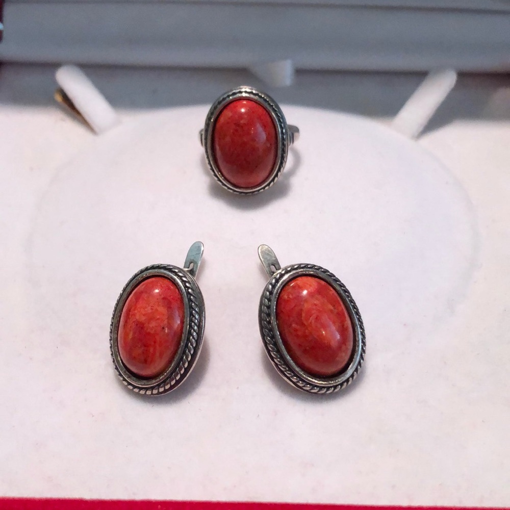 Sterling silver and coral earrings and ring